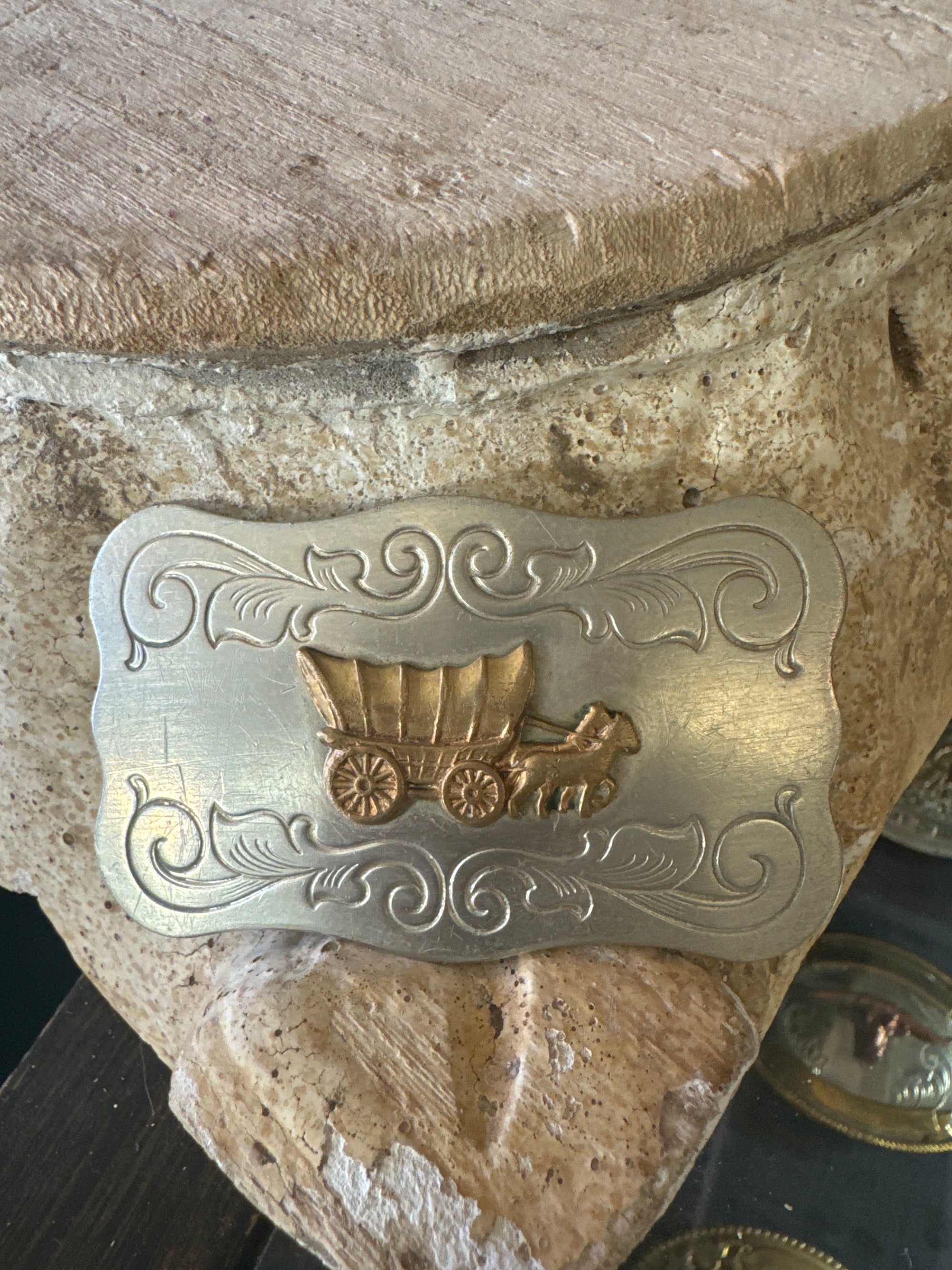 Vintage covered wagon buckle