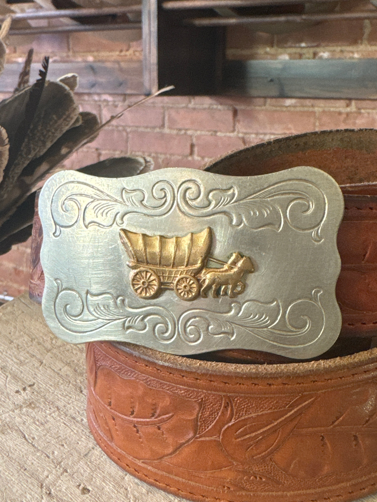 Vintage covered wagon buckle