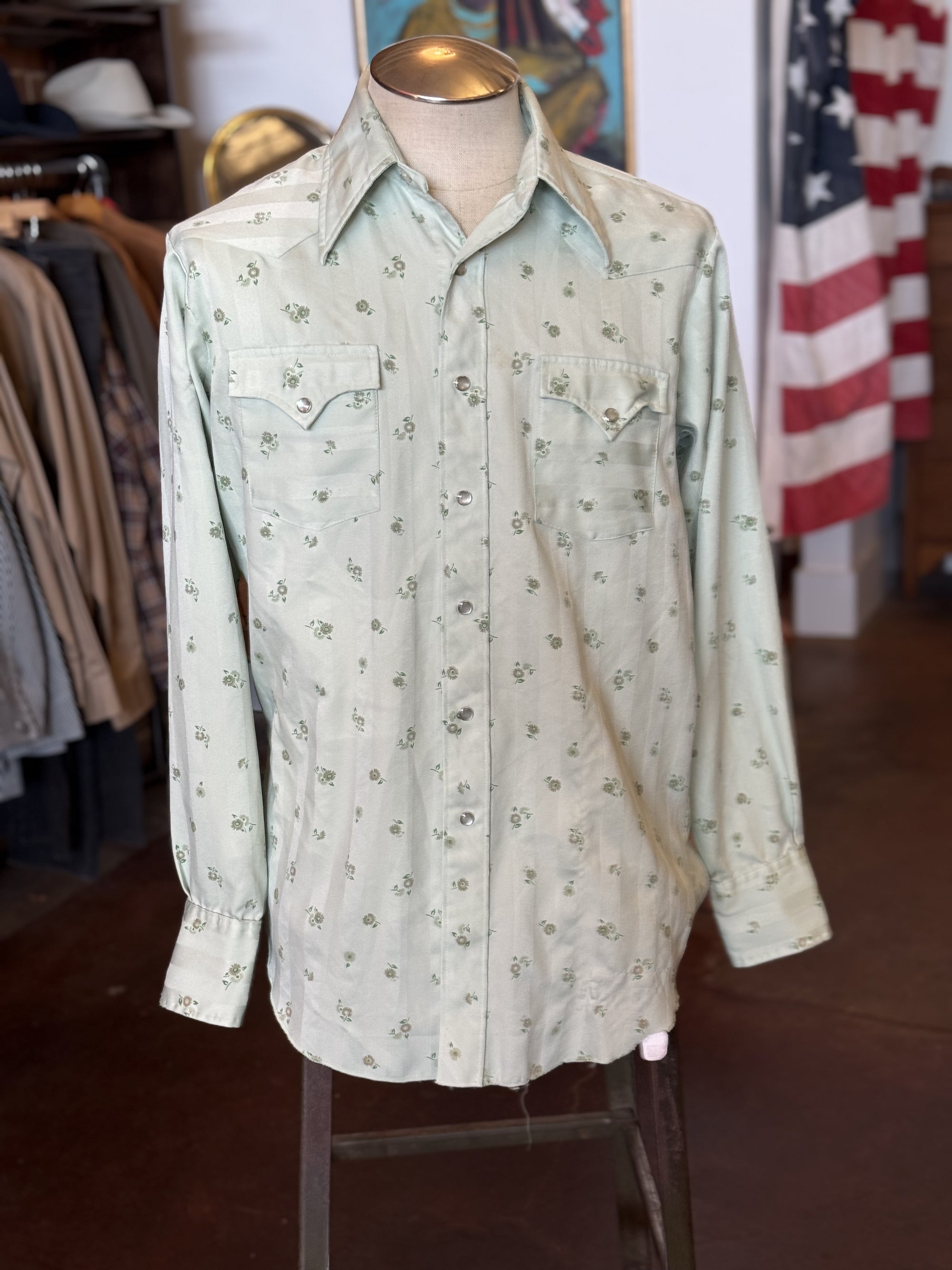 Vintage H Bar C Green Floral Western Shirt