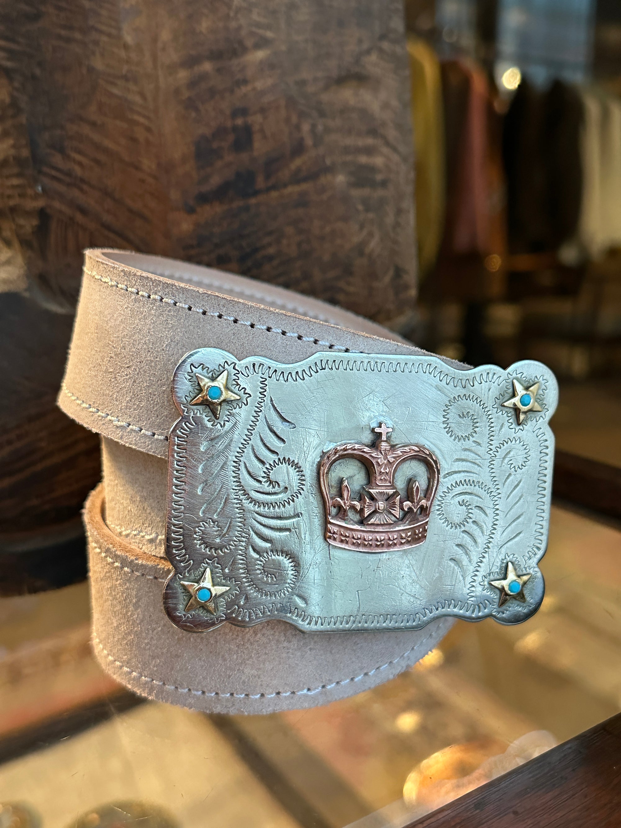 Vintage Crown Belt Buckle with Turquoise Stones